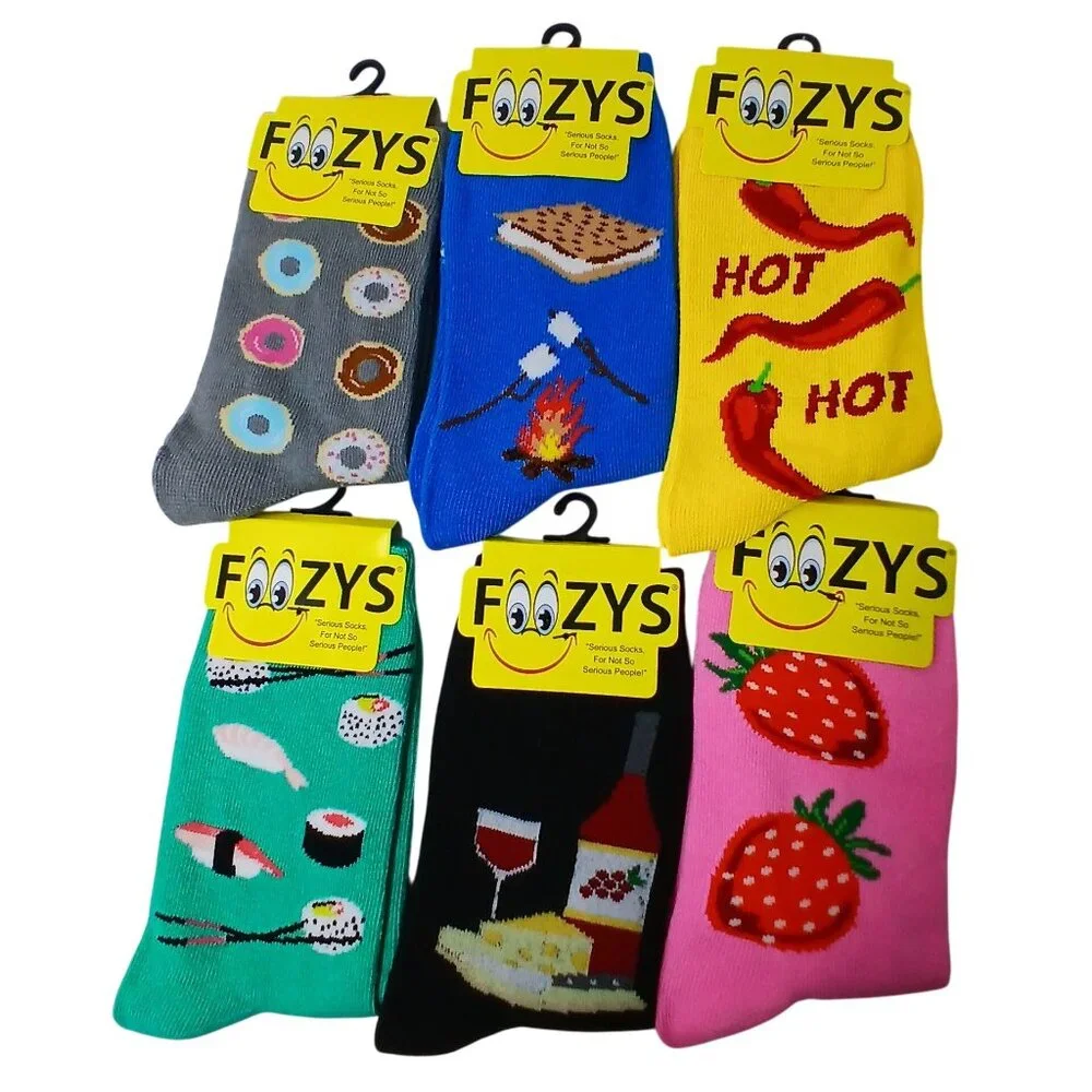 Foozys 6 Pair Foodie Sock Bundle  Women Banana Suchi Strawberry Wine Pepper NOT